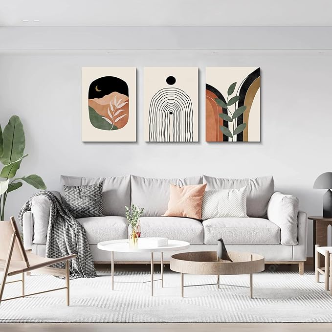 Boho Wall Art Prints Set of 3, Neutral Abstract Geometric Canvas Artwork for Bedroom, Bathroom, Living Room, Office (12x16 Inch x 3 Pieces)