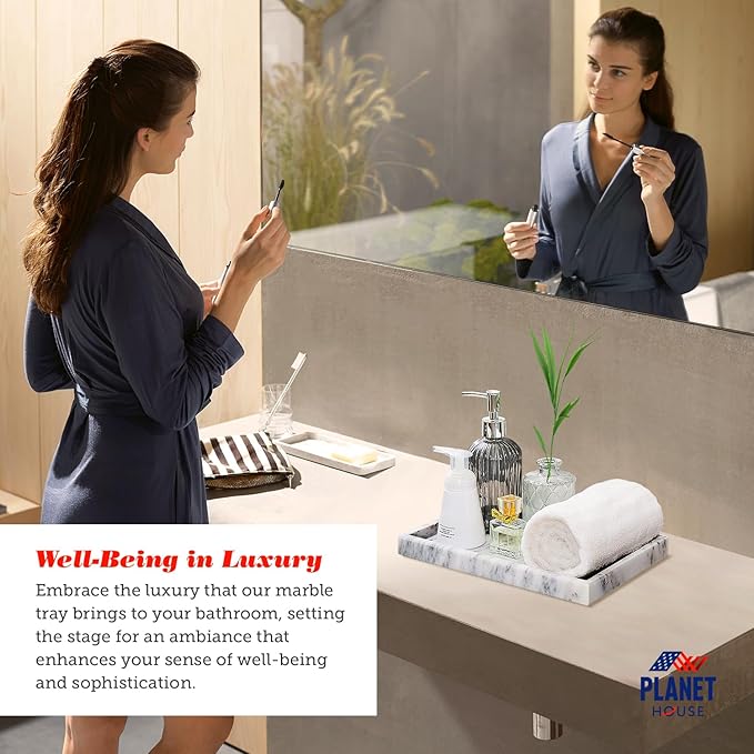 Planet House Marble Tray - 12"x8" Bathroom Counter Storage - Black and White Marble Tray