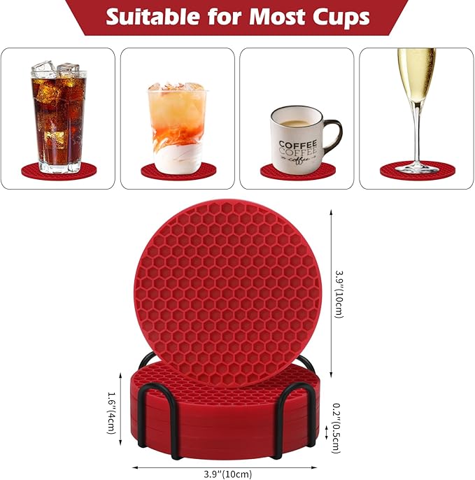 Coasters Set of 6 with Holder,Coasters for Drinks,Coffee Table Decor Coaster,Suitable for Kinds Cups,Anti-Slip,Non-Stick,Silicone Cup Coaster and Living Room Decor (6 Pcs, Wine red)