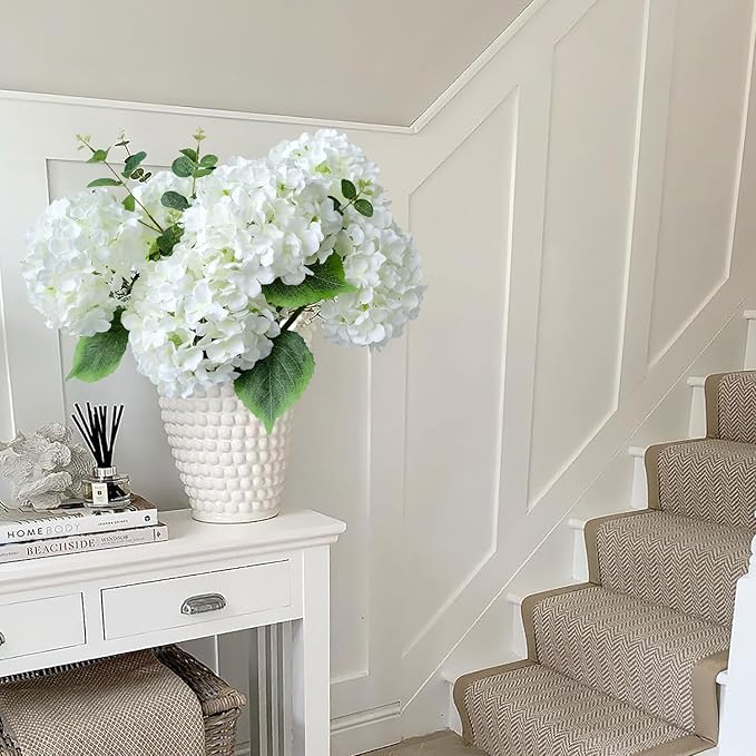 White Silk Flowers Hydrangea Artificial Flowers, 5Pcs 20Inch Large Lifelike Faux Flowers, Full Fake Artificial Hydrangeas with Stems for Bouquet Table Centerpieces Home Decoration