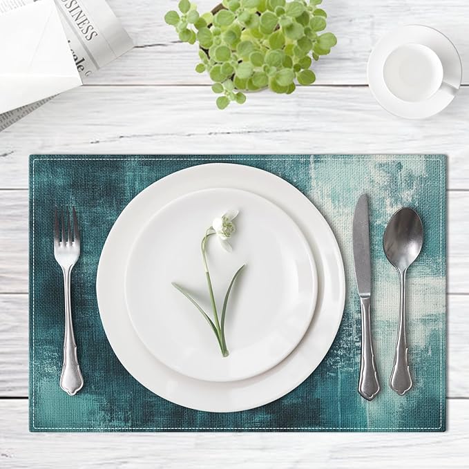 Emvency Farmhouse Placemats Set of 4, Abstract Teal and White Vintage Art Painting 12x18 Inch Table Mats for Outdoor Home Party Kitchen Dining Decoration