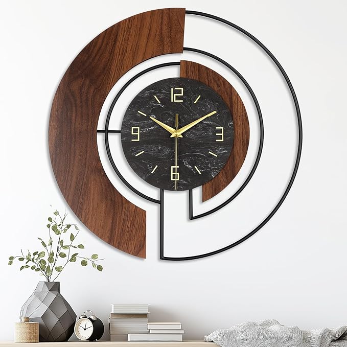 Modern Large Wall Clock - 24” Silent Battery Operated Decorative Clock with Wood and Metal Frame, Non-Ticking for Living Room, Office, Bedroom, or Entryway Wall Decor