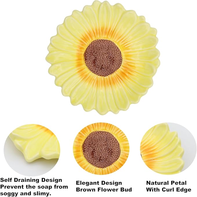 Self Draining Soap Dish Inspired by Daisy Flower Ceramic Waterfall Soap Dish Soap Savers for Bathroom,Shower,Bar Counter
