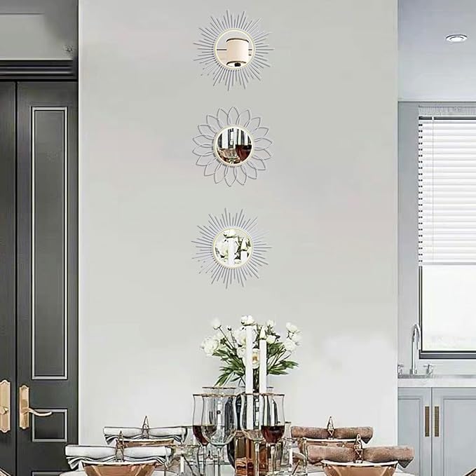 3 Pack Metal Mirrors for Wall Sunburst Wall Mirrors Home Décor Decorative Hanging Wall Art for Living Room Bedroom Entryway (White, Flower+Sunburst)