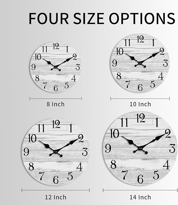Wall Clock Battery Operated 12 Inch Gray Silent Non Ticking Country Rustic Design Vintage Retro Decorative for Bathroom Kitchen Living Room Bedroom