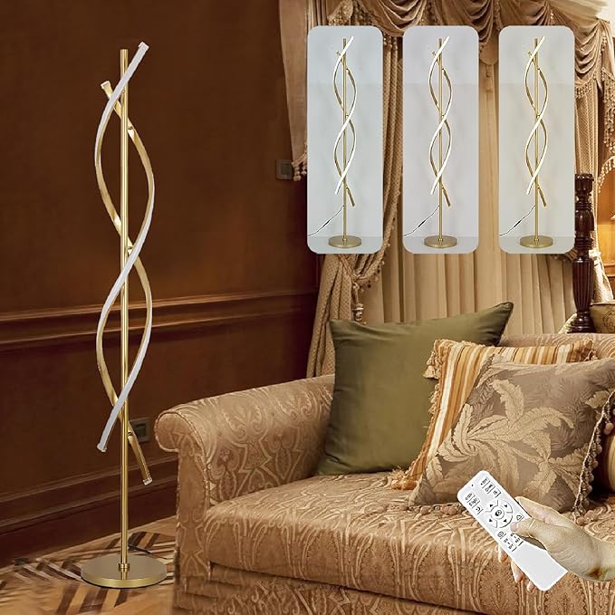 61" LED Floor Lamp for Living Room, 40W 3 Colors Stepless Dimmable and Color-Changing Bright Floor Standing Lamp,Unique Spiral Floor Tall Lamp for Bedroom Office with Remote (Gold)