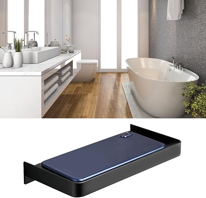 Walfront Stainless Steel Bathroom Phone Rack Holder Wall Mounted Phone Towel Storage Shelf Toilet Bathroom Supplies 185x90mm(Black), Rack