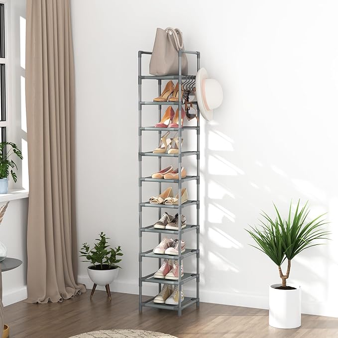 Narrow Shoe Rack 10-Tier Tall Shoe Organizer Skinny Shoe Shelf Storage for 10-15 Pairs Shoe and Boot, Space Saving Corner Shoe Rack Organizer for Closet, Entryway, Living Room, Grey