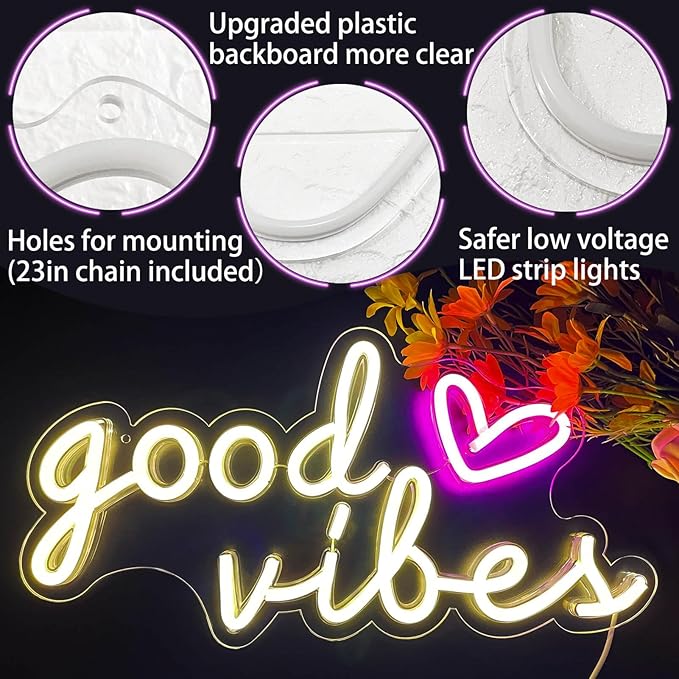 Good Vibes Neon Signs for Wall Decor, Good Vibes Neon Lights 16x8inch, USB Operated Warm White LED Signs for Bedroom, Room, Wall Decor, Birthday Party, Wedding, Salon, Bar, Home, Girl Cave