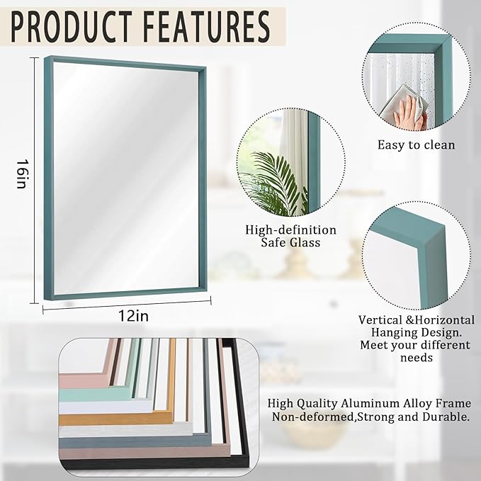 AAZZKANG Metal Framed Rectangle Wall Mounted Mirror Decorative Modern Bedroom Bathroom Vanity Mirrors Vertical or Horizontal Blue