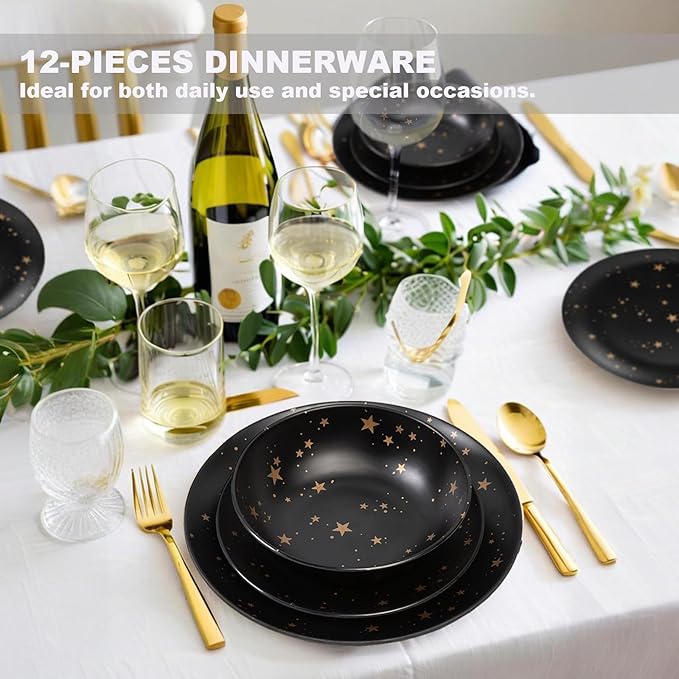 Black Melamine Dinnerware Sets - 12pcs Plates and Bowls Sets, Unbreakable Camping Dishes Set for 4, Indoor and Outdoor Use Non-breakable Dinner Set - Star