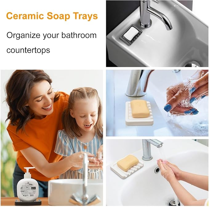Self Draining Soap Dish, Ceramic Soap Holder for Shower, Vonpri Waterfall Bar Soap Case Saver Tray Sponge Organizer Keep Dry for Bathroom Kitchen Counter Sink (2, White)