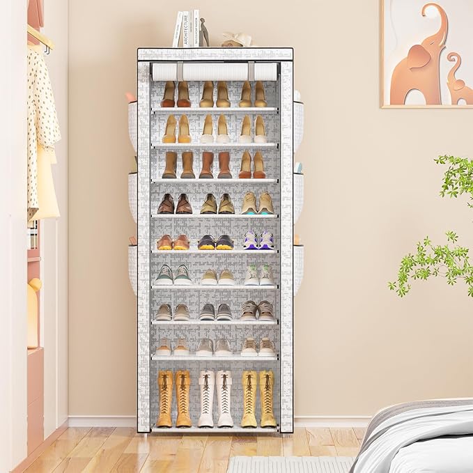 Shoes Rack 10 Tier Tall Shoe Rack with Storage Pockets, Fabric Covered Shoe Racks,Metal Shoes Rack Organizer for Closets,Bedroom, Garage
