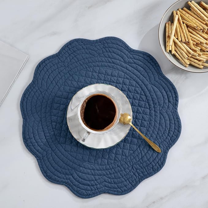 HOMBYS Quilted Placemats Set of 6 Washable Round Placemats for Kitchen Table-100% Cotton Fabric 13 Inch Round Table Mats, Cotton Fabric with Microfiber Filling, (13"x13", Sapphire Blue)