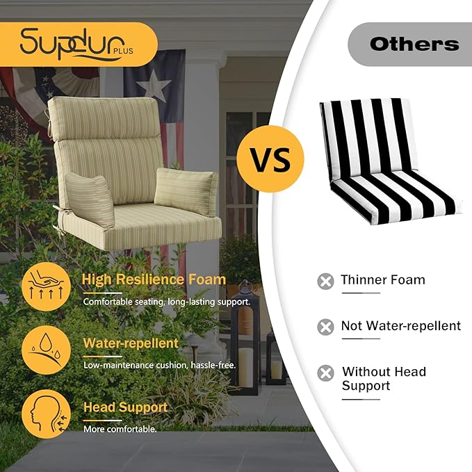 Outdoor High Back Chair Cushion, 2 Pack 48 x 24 inches Patio Chair Cushions Water Repellent Rocking Cushions Indoor Furniture Seat Pad with 2 Pillows, Beige Brown Stripe