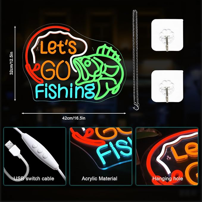 Lucunstar Let's Go Fishing Neon Sign,Dimmable Fish Neon Light for Wall Decor,LED USB Powered Fishing Hook Lights for Bedroom Living Room Man Cave Yacht Decor Men Gifts