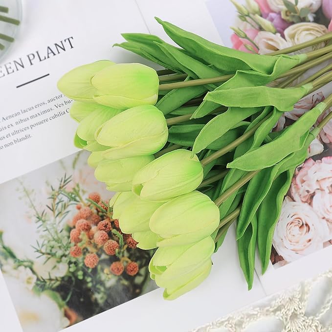 Beferr 18pcs Tulips Artificial Flowers Faux Tulip Real Touch Fake Flowers Bouquets Arrangements for Easter Spring Flowers Home Table Decor Green