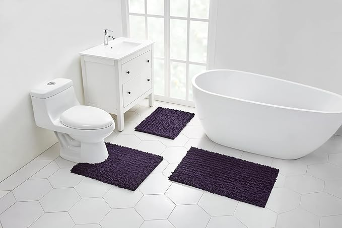 Walensee Bathroom Rug 2 Pieces Set Non Slip Bath Mat (17x24 Plus 20x32 Inch Dark Purple) Water Absorbent Super Soft Shaggy Chenille Machine Washable Dry Extra Thick Perfect Carpet for Shower Floor