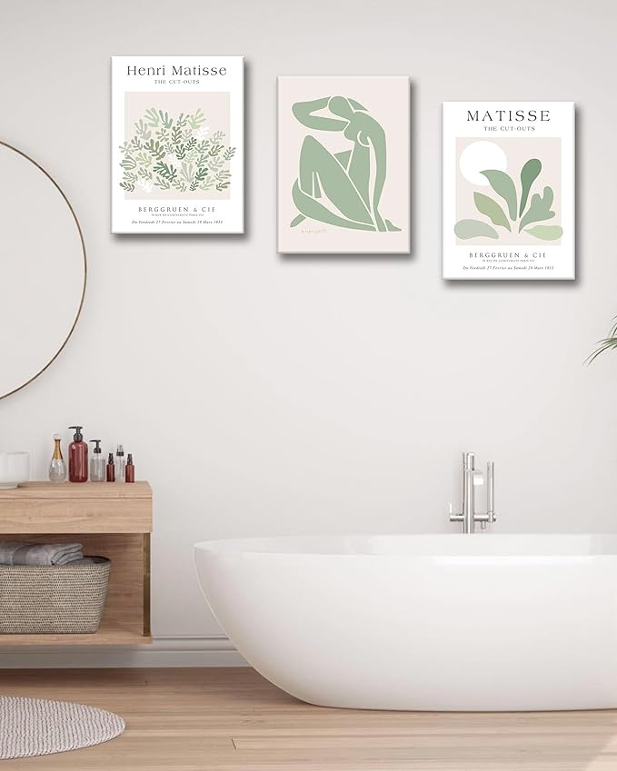 Matisse Sage Green Framed Wall Art,Abstract Green Canvas Wall Decor.12x16in Plants Botanical Poster Prints,Minimalist Classic Home Decoration for Living Room Bedroom Bathroom Office,Set of 3