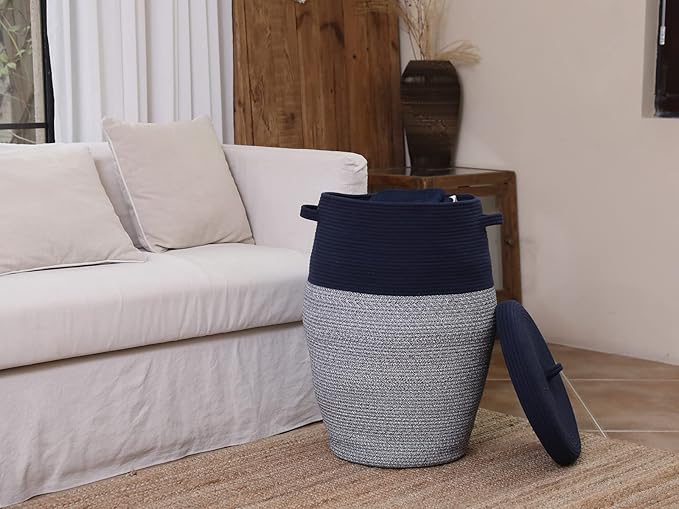 26" x 20" Tall Extra Large Storage Basket with Lid, Cotton Rope Storage Baskets, Woven Laundry Hamper with Cover, Cloth Storage Bin, for Clothes Towels in Living Room, Dark Blue Mix