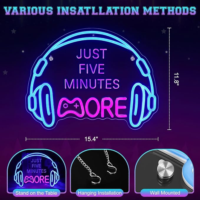 Gaming Neon Sign, Large Bright and Dimmable Colored LED Headset Gamer Neon Light and USB Powered Headphone Lightup Game Signs for Game Zone Video Room Boy Bedroom Wall Decor (Just Five Minutes More)