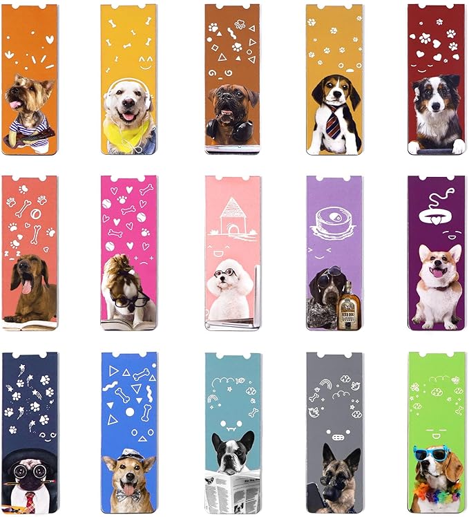 ABSOFINE 15PCS Magnetic Bookmarks, 3.1" Cute Dogs Large Size Magnetic Page Clips Bookmark, 15 Designs Pet Dogs Waterproof Sturdy Bookmarks for Kids Women Book Lovers