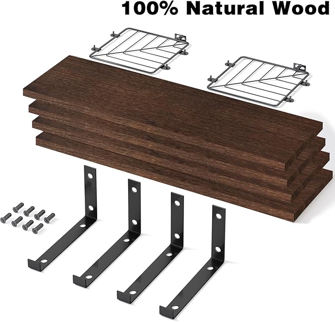 Fixwal 3+1 Tier Bathroom Floating Shelves Over Toilet, 15.8in Farmhouse Rustic Wood Shelves, Wall Decor for Bathroom, Living Room,Bedroom and Kitchen (Dark Brown)