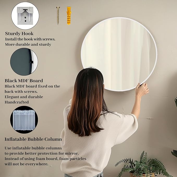 White Round Mirror, White Circle Mirror 24 inch, Matte Metal Frame Round Mirrors, Circle Mirrors for Bathroom, Living Room, Bedroom, Hallway.