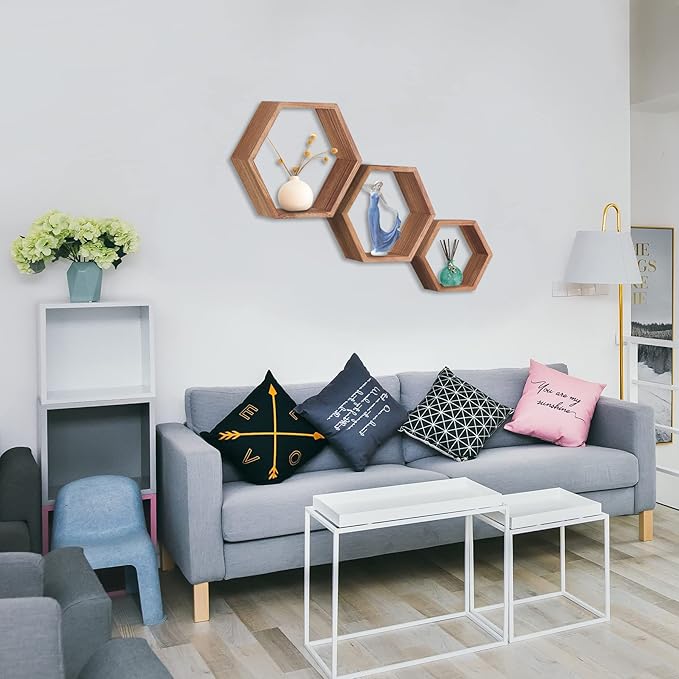 PHOENANCEE Hexagon Floating Shelves,Honeycomb Shelf,Wall Mounted Rustic Wood Octagon Storage Shelves Set of 3 for Living Room Bedroom Bathroom Office Hexagonal Decor(Carbonized Black)