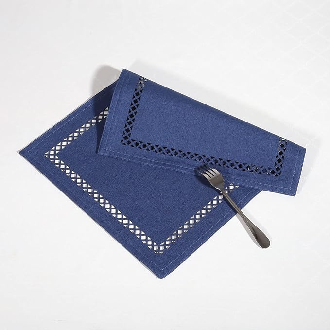 Placemats Set of 4 for Dining Table with Hollow Edge Design- Table Mats 12x 18 Inch, Cloth Place mats Machine Washable (Blue 4pcs)