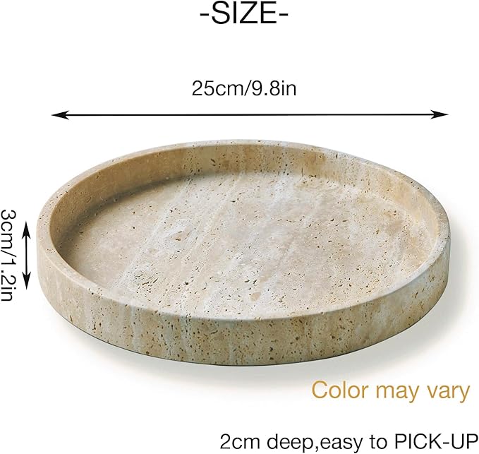 Travertine Marble Vanity Tray, Round Ottoman Tray Minimalist Modern Decorative & Fruit Serving Plate for Bathroom, Kitchen, Nightstand, Coffee Table Decor, Jewelry Ring Dish Holder, Beige