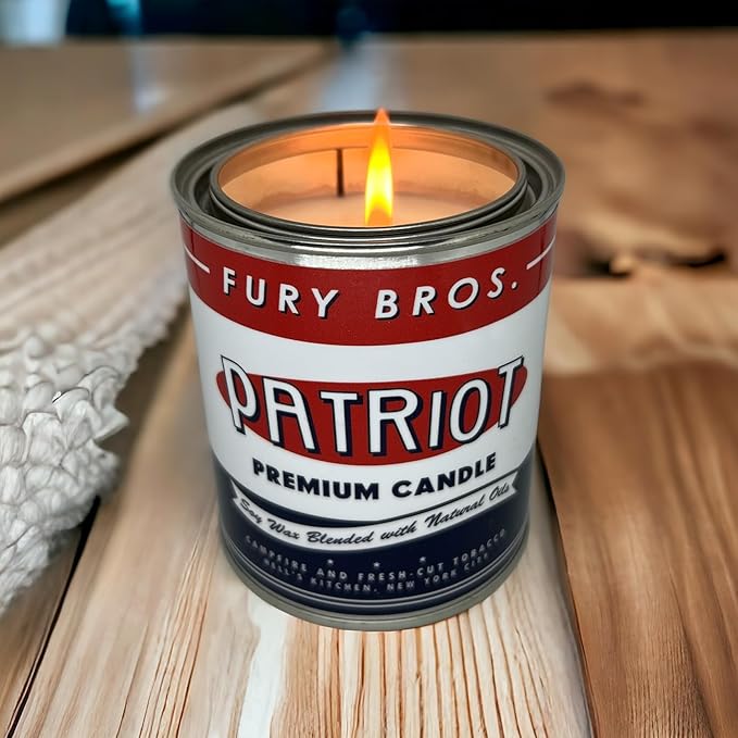 Scented Candles for Men | Patriot | Campfire & Fresh-Cut Tobacco | Natural Soy Wax | Hand-Poured in The USA | Long 70-80 Hour Burn (12.5 oz) | Vintage-Inspired Tin Design | Dad Home Gift