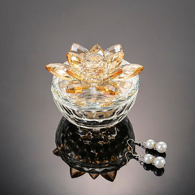 Crystal Jewelry Box Lotus Glass Jewelry Trinket Box with Lid Decorative Box to Ring Earrings Necklace Storage Holder for Home Decor (Gold)