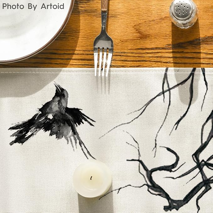 Artoid Mode Silhouette Tree Crows Branches Halloween Table Runner, Seasonal Fall Kitchen Dining Table Decoration for Home Party Decor 13x120 Inch