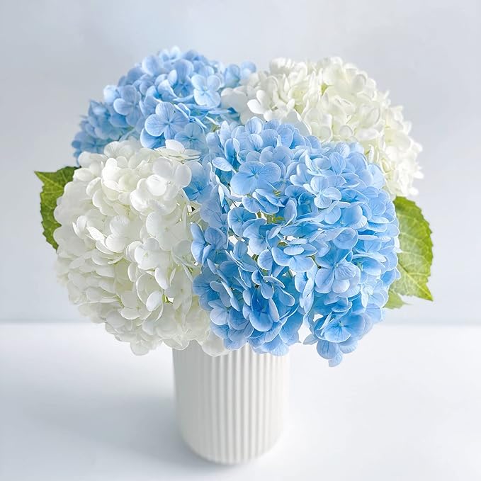 YalzoneMet Hydrangea Artificial Flowers 4 Pcs 2 White 2 Light Blue 21 inch Long Rod Real Touch Lifelike Fake Latex Hydrangea for Home Party Outdoor Wedding Gifts Christmas Decor Table Centerpiece