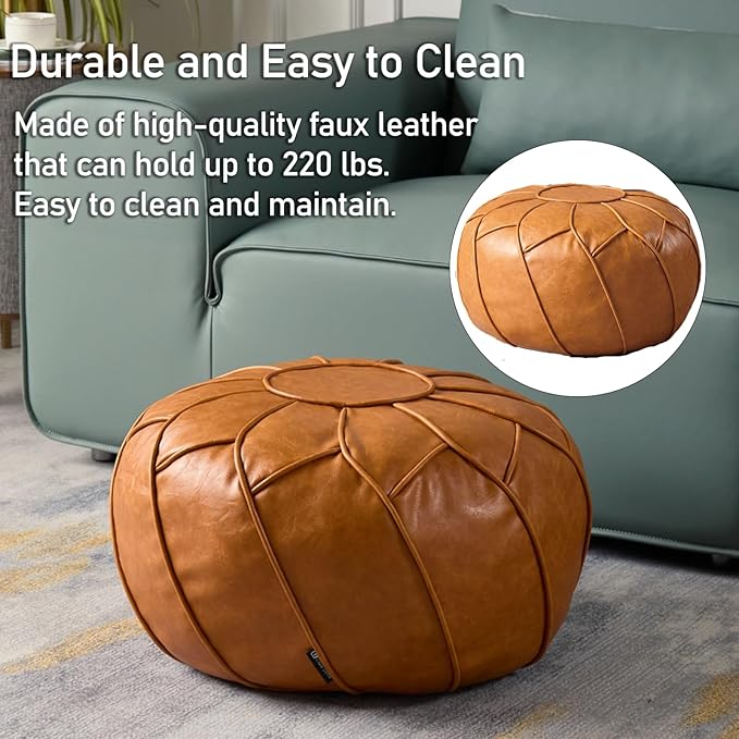 Louis Donné Unstuffed Pouf Cover, Round Foot Stool Ottoman for Foot Rest, Storage Bean Bag Floor Chair, Waterproof Faux Leather Pouffe, Footstool for Living Room, Kids Room or Bedroom (Yellowish)