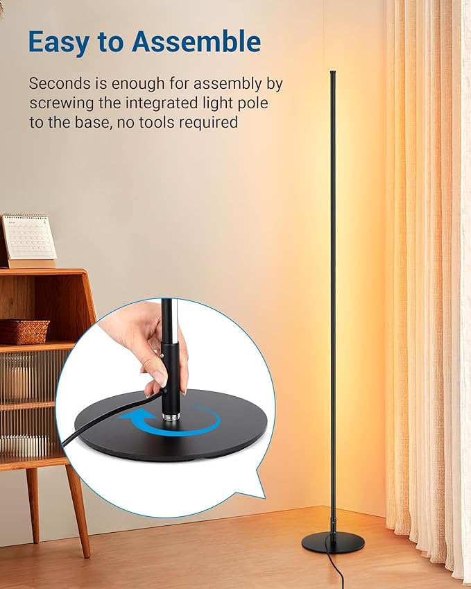 DEWENWILS LED Corner Floor Lamp, 57.5" Minimalist Dimmable Light, Standing Tall Lamp for Living Room, Bedroom, Office, 3000K Warm White Light (Black)