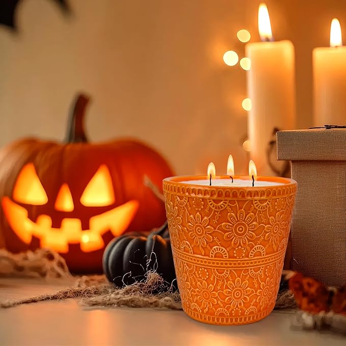 Delicate Orange Porcelain Aromatherapy Candle, Pumpkins Oils and Natural Soy Wax, Halloween Party Thanksgiving Decorations Fall Candles, Home Scented Candles Gift Set for Harvest Decor