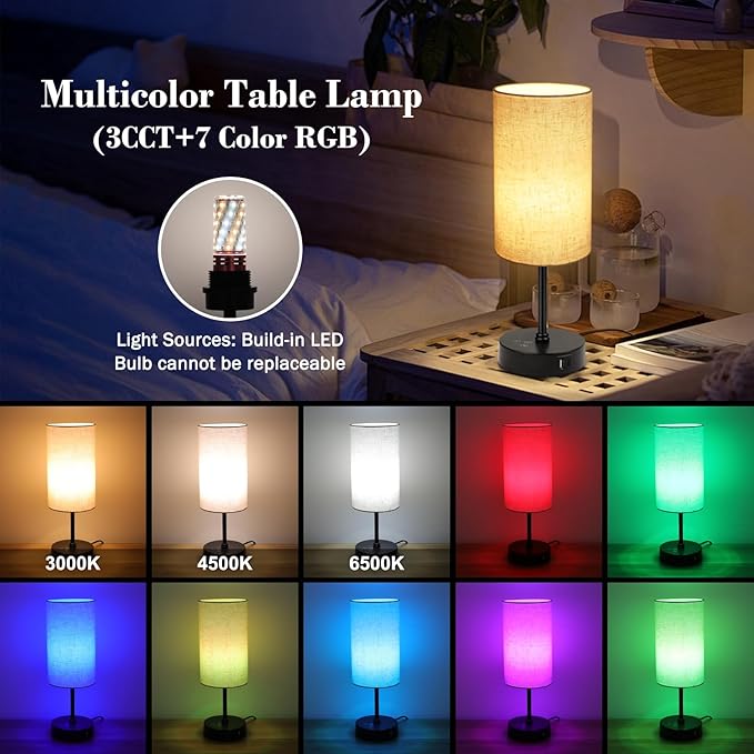 Ascher 2 Pack Table Lamp RGB Color Changing - 3 Color Temperatures Stepless Dimmable Small Bedside Lamp for Bedroom, Touch Control Nightstand Light with Flaxen Shade for Reading Home Decor Lights