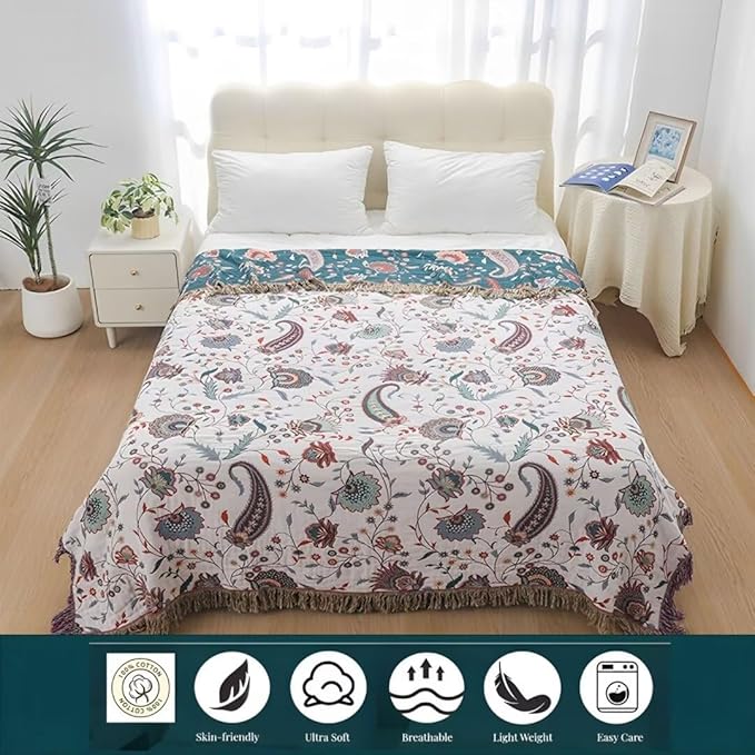 Summer Boho Throw Blankets 90"x98",100% Cozy Cotton Cotton Blankets for Travel, Picnic, Reversible Lightweight Farmhouse Muslin Blankets for Bedroom,Home Decor