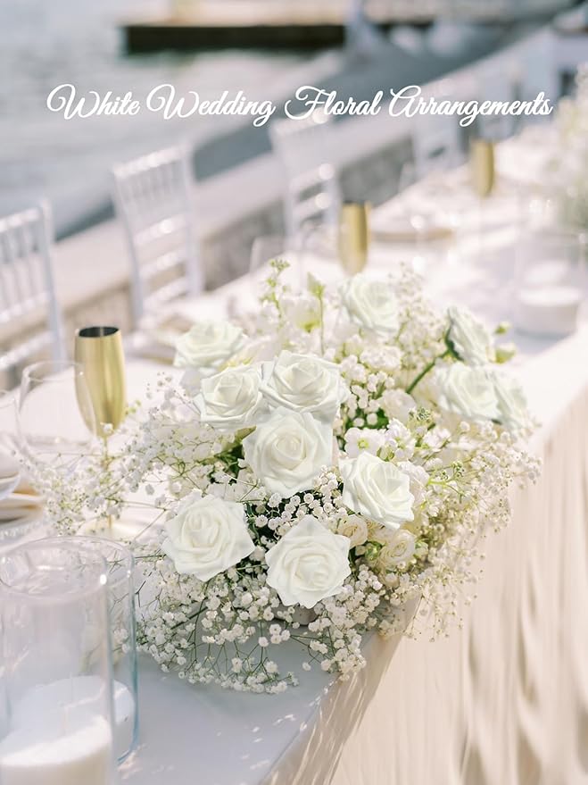 N&T NIETING Artificial Flowers, 25pcs Fake Flowers White Rose Perfect for DIY Wedding Bridesmaid Bridal Bouquets Centerpieces Home Flower Arrangement Decoration