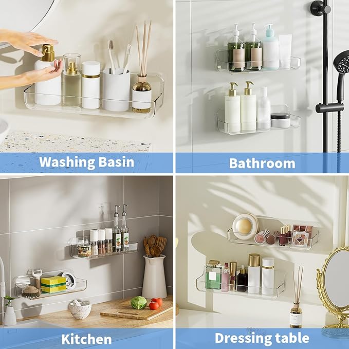 2pc Acrylic Wall Mount Organizer: Adhesive Shelf - Bathroom Wall Organizers - No Drilling Hang Walls, with 3pack Self Adhesive Tapes, for Bathroom, Kitchen,Living Room-Transparent