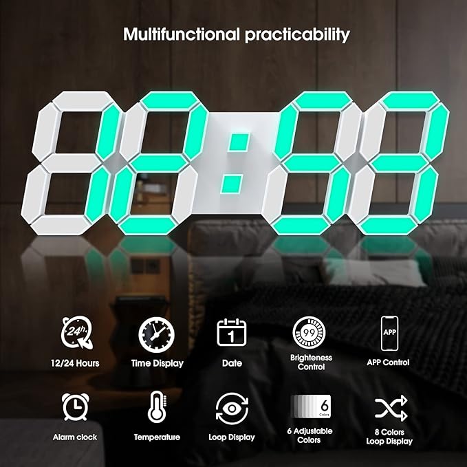 EDUP HOME 15" Multicolor LED Digital Wall Clock Alarm Clocks with APP Control, 3D LED Light Decorate Clocks with 5 Levels Brightness/Time/Date/Temperature Display, for Kitchen Bedroom Office