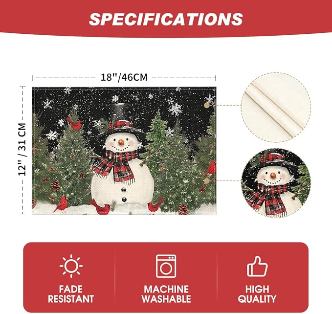 Artoid Mode Snowman Trees Blue Christmas Placemats for Dining Table, 12 x 18 Inch Seasonal Black Winter Birds Xmas Holiday Washable Table Mats Set of 6