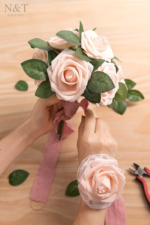 N&T NIETING Artificial Flowers, 50Pcs Fake Flowers Roses Perfect for DIY Wedding Bouquets Centerpieces Bridal Shower Party Home Flower Arrangement Decorations, Blush