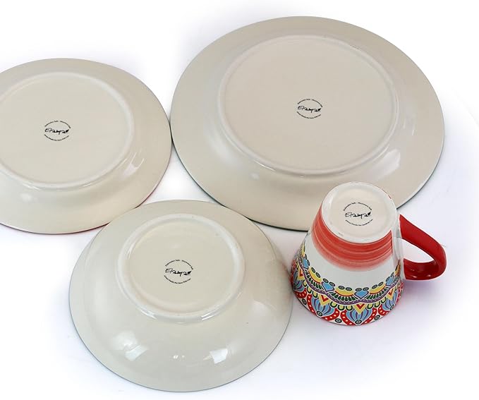 Elama Mandala Round Stoneware Multicolor Dinnerware Set, 16 Piece, Red
