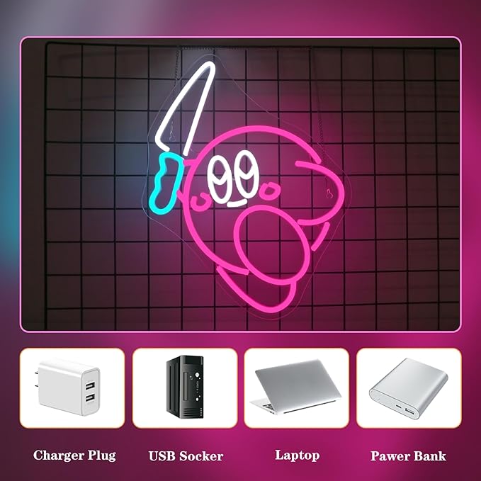 Kirbee Knife Neon Sign Dimmable Cute Animal Led Signs for Wall Decor LED USB Gaming Neon Light Sign for Boys Bedroom Game Room Decoration Gamer Fans Birthday Gifts