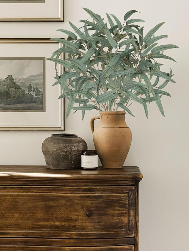 Briful Artificial Eucalyptus Willow Branches 33'' Tall Gray Fake Eucalyptus Stems Arrangement, Realistic Faux Greenery Stems, Indoor Plant, Home Housewarming Farmhouse Porch Vase Decor, Set of 6