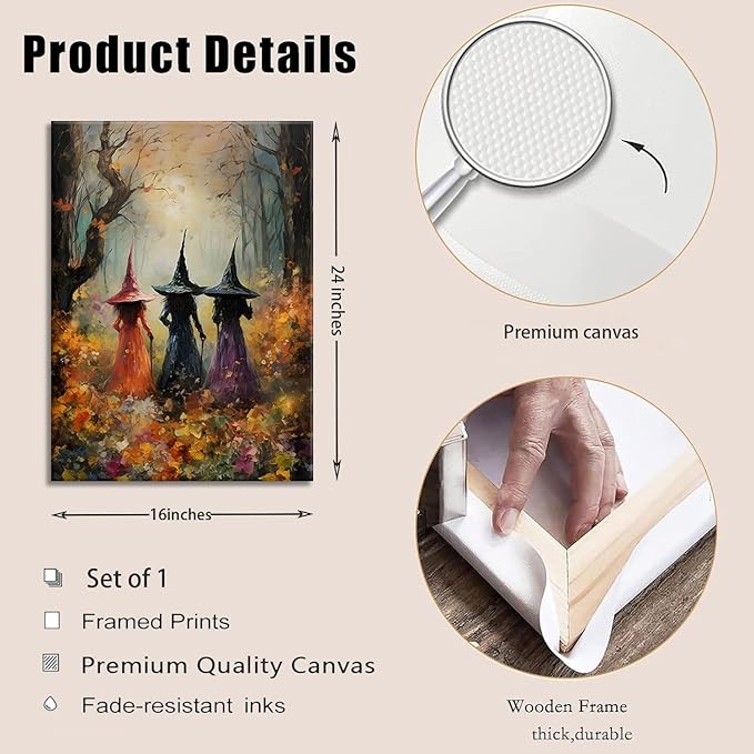 ILLBDR Halloween Vintage Witchy Wall Art Prints Creepy Gothic Dark Moody Pictures Decor Dark Academia Witches Victorian Painting Canvas Posters for Bedroom Bathroom 16x24 inch Framed