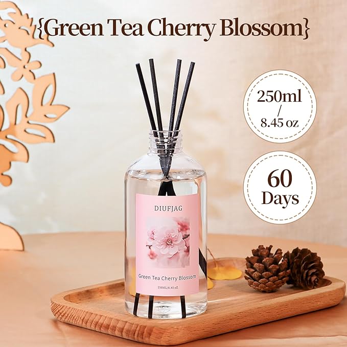 Green Tea Cherry Blossom Diffuser with 20 Black Fiber Sticks, 6.7 oz Diffusers for Home Essentials Bathroom,Last up to 60 Days(200ml